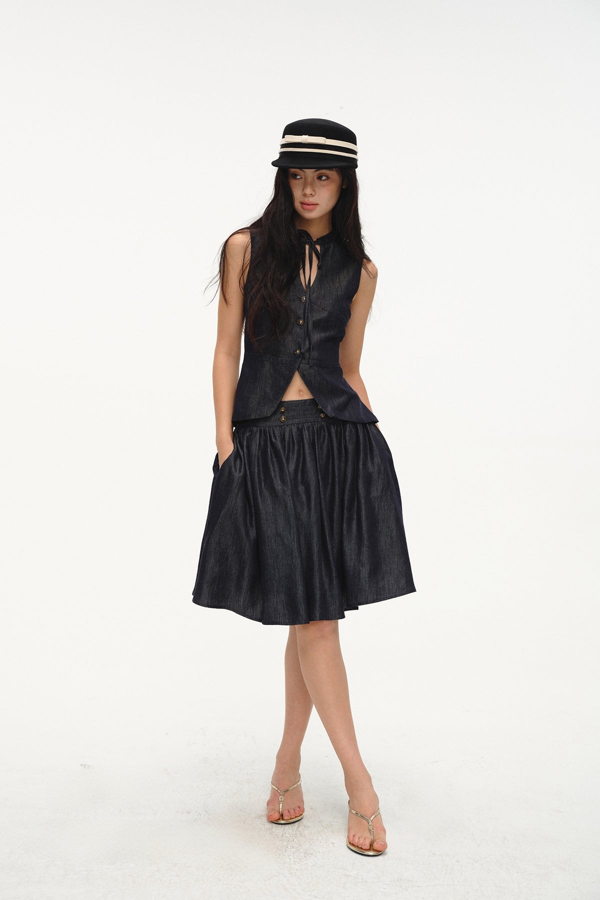 LVETONG Linen Denim Vest & Puff Mini Skirt Set