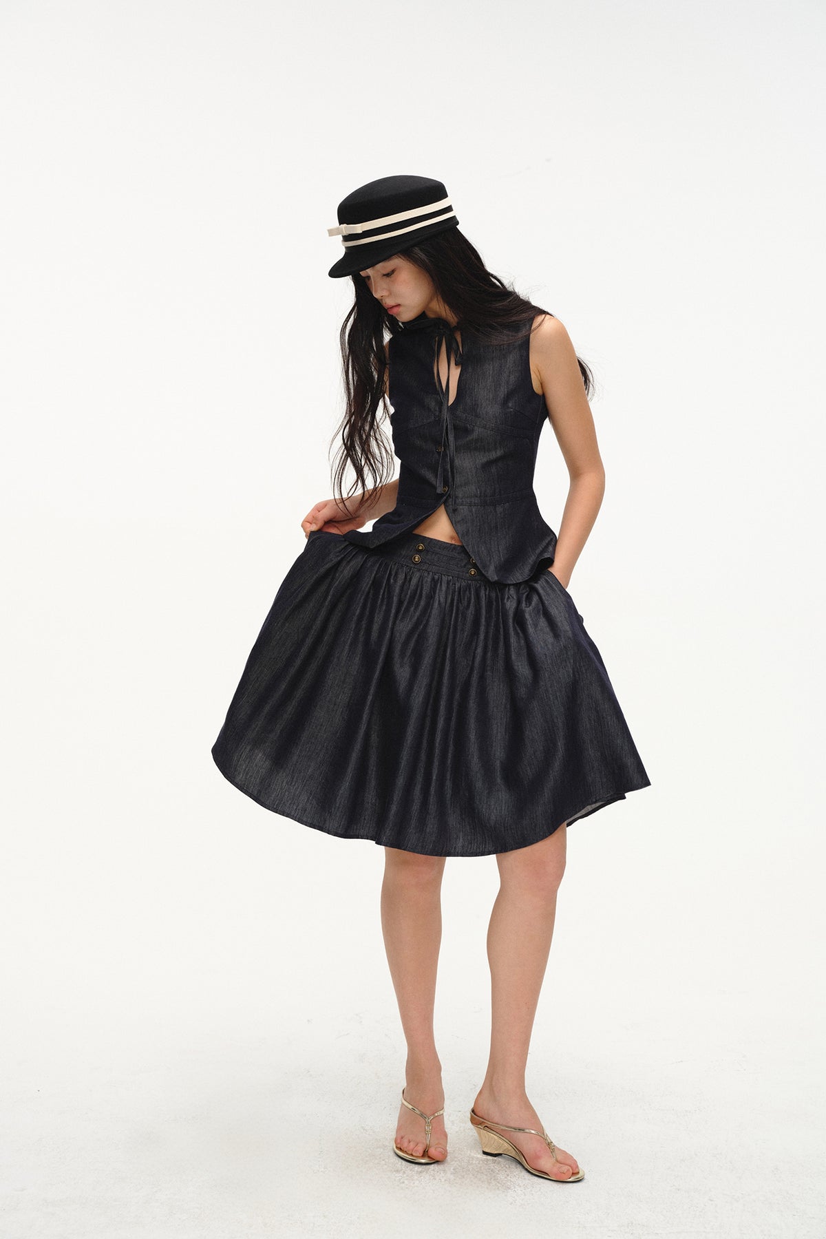 LVETONG Linen Denim Vest & Puff Mini Skirt Set