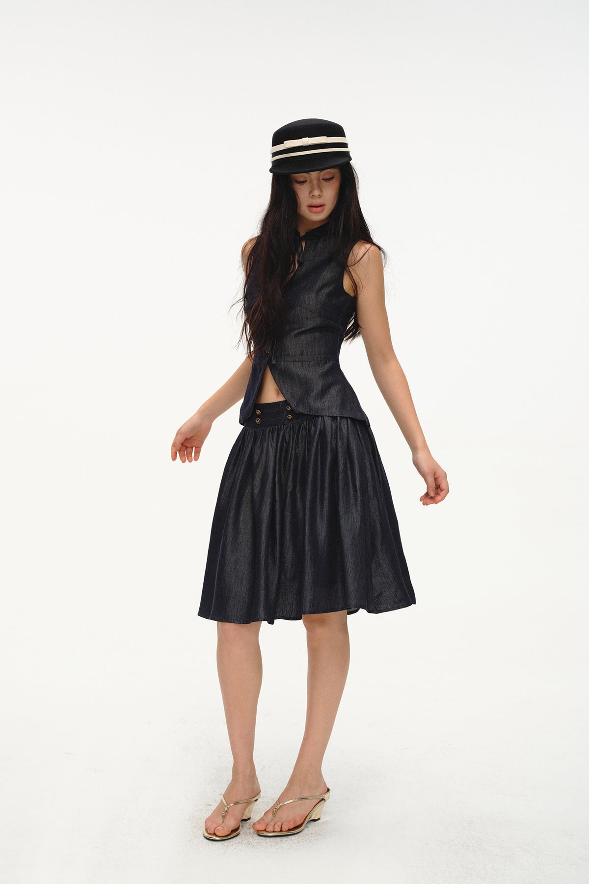 LVETONG Linen Denim Vest & Puff Mini Skirt Set