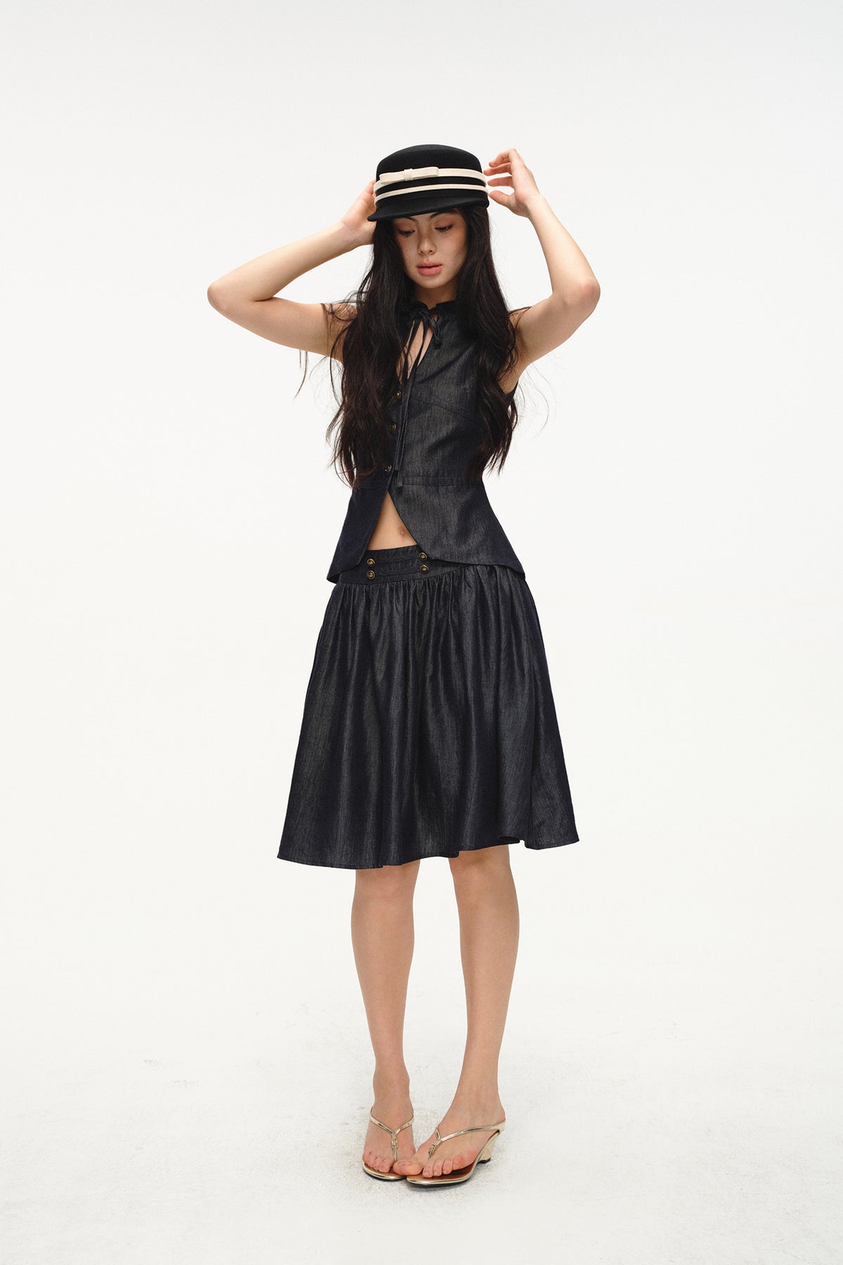 LVETONG Linen Denim Vest & Puff Mini Skirt Set