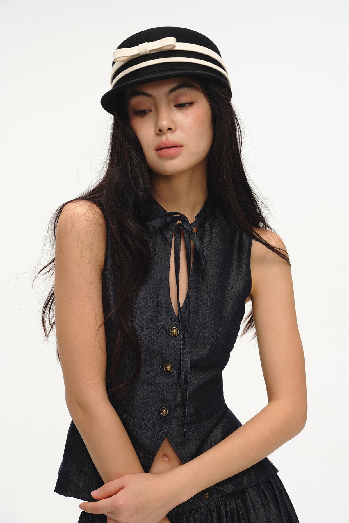 LVETONG Linen Denim Vest & Puff Mini Skirt Set