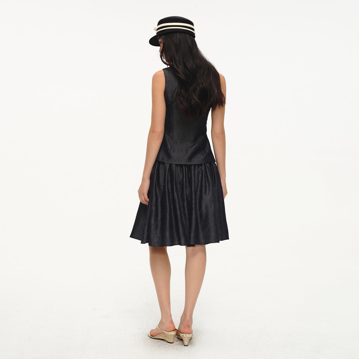 LVETONG Linen Denim Vest & Puff Mini Skirt Set