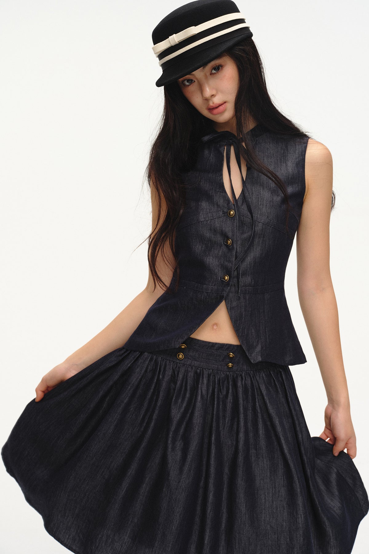LVETONG Linen Denim Vest & Puff Mini Skirt Set
