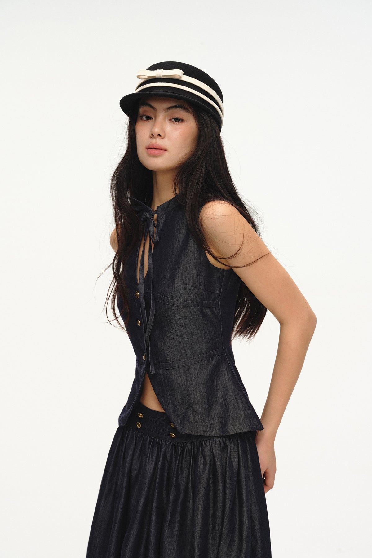 LVETONG Linen Denim Vest & Puff Mini Skirt Set