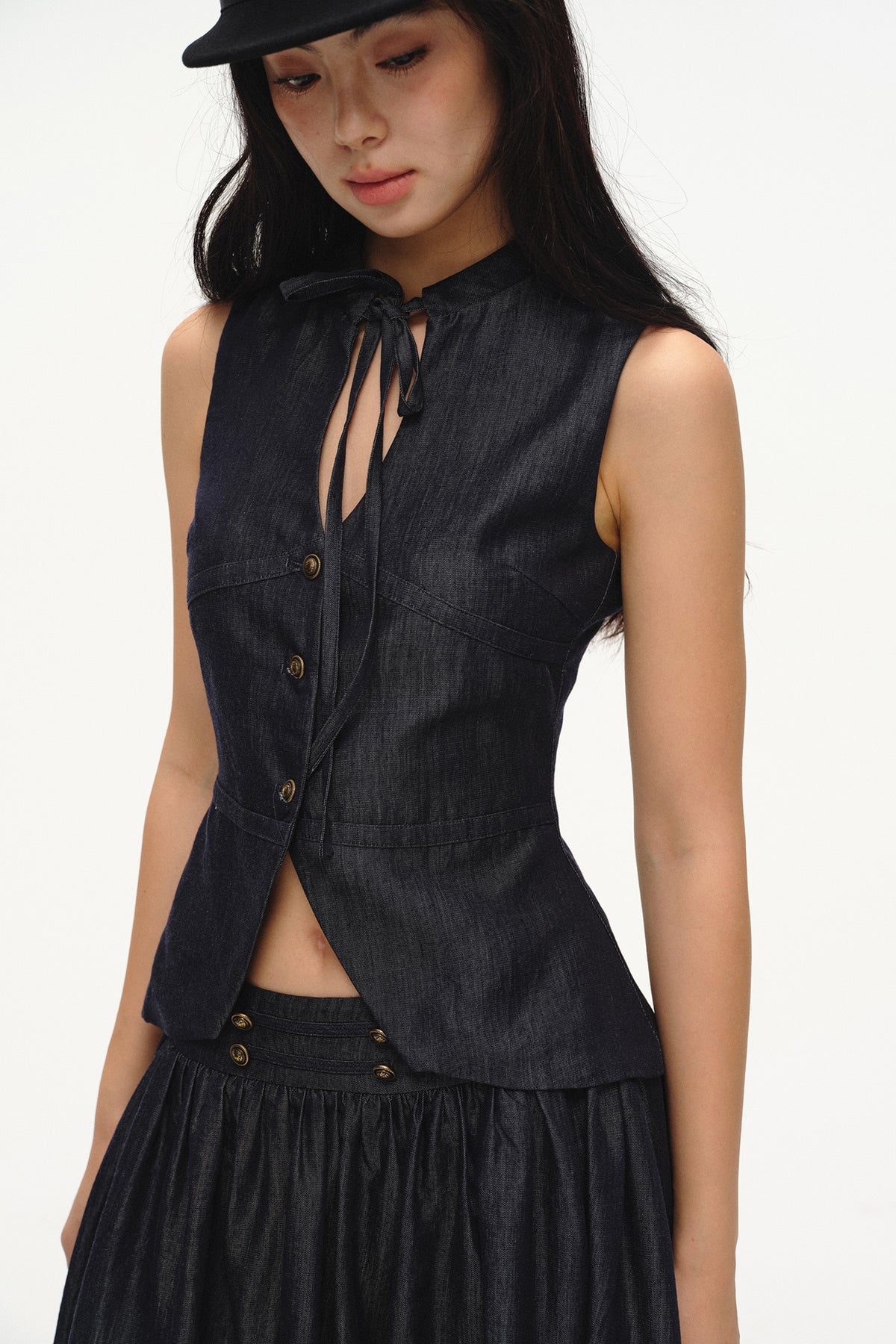 LVETONG Linen Denim Vest & Puff Mini Skirt Set