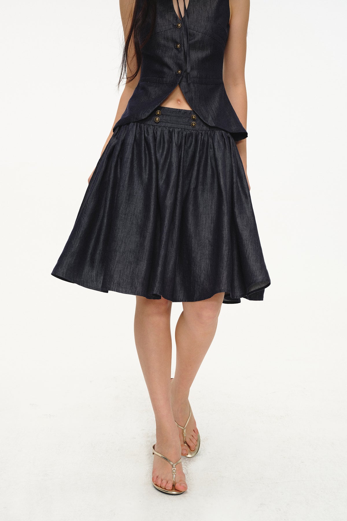 LVETONG Linen Denim Vest & Puff Mini Skirt Set