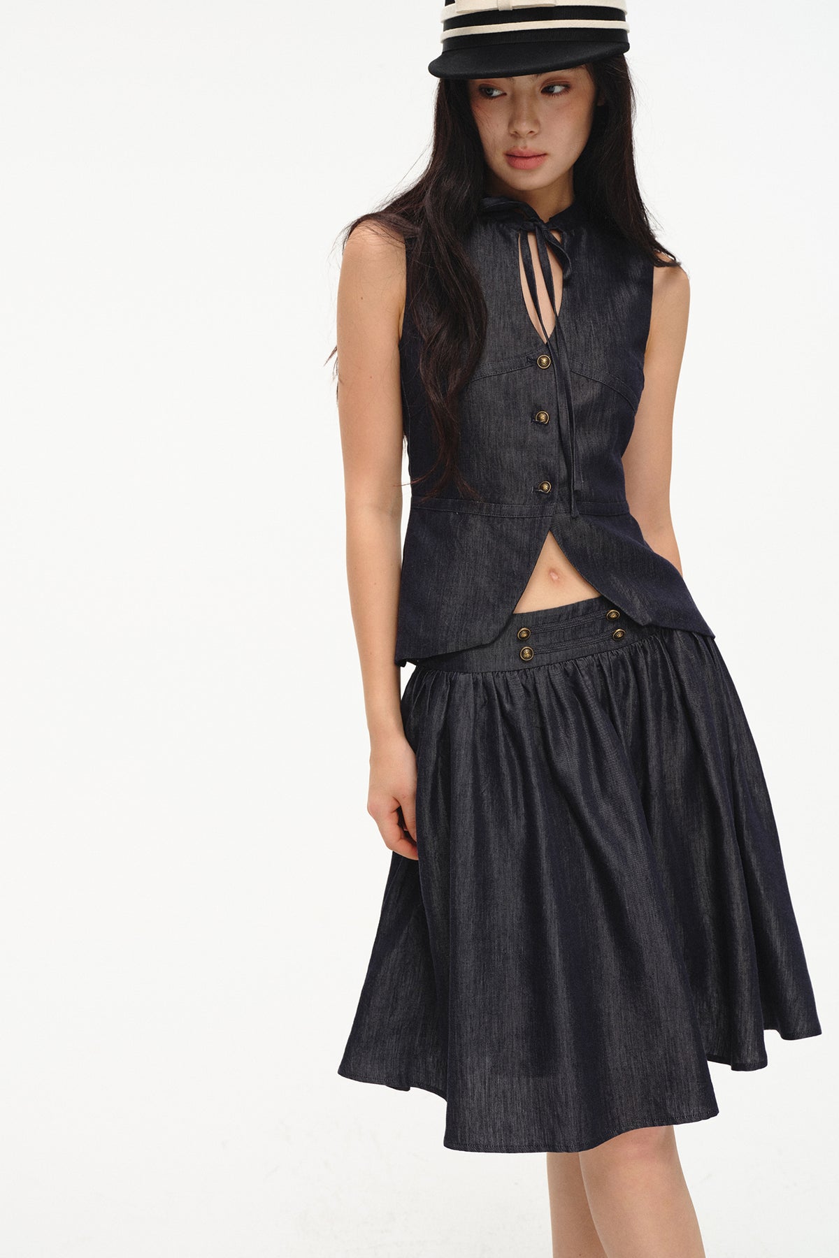 LVETONG Linen Denim Vest & Puff Mini Skirt Set