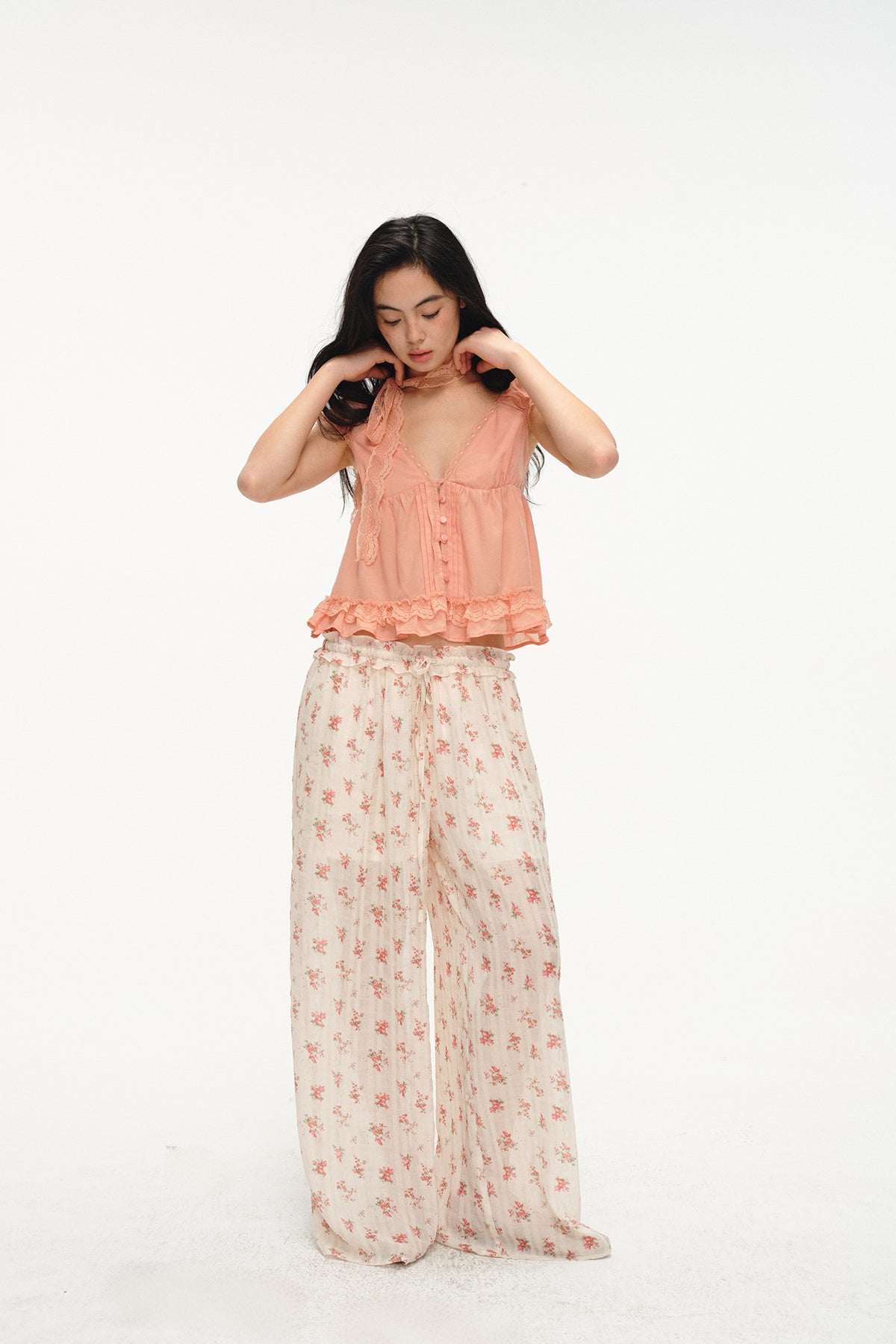 LVETONG Floral Ruffle-Trim Drawstring Wide-Leg Pants
