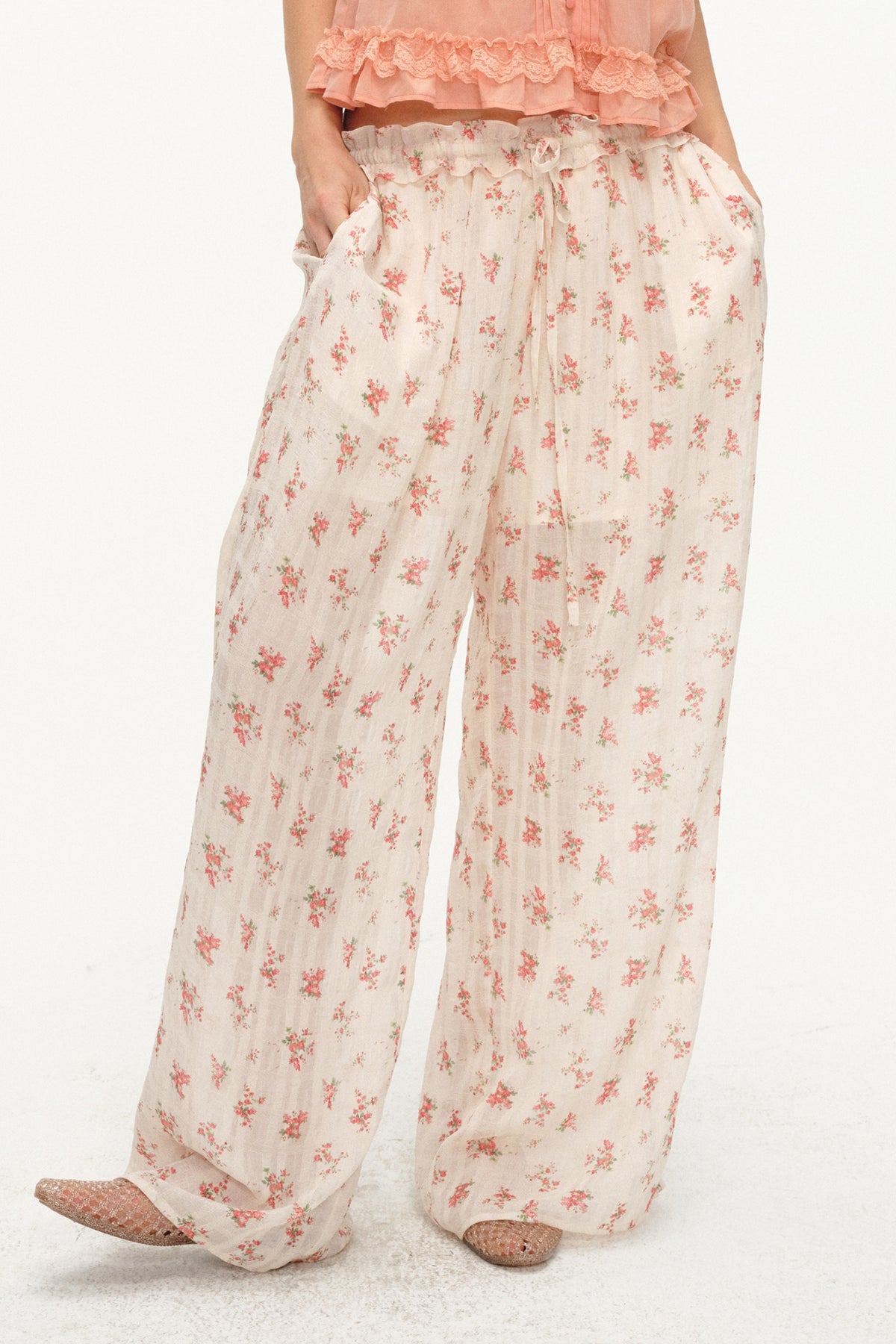 LVETONG Floral Ruffle-Trim Drawstring Wide-Leg Pants