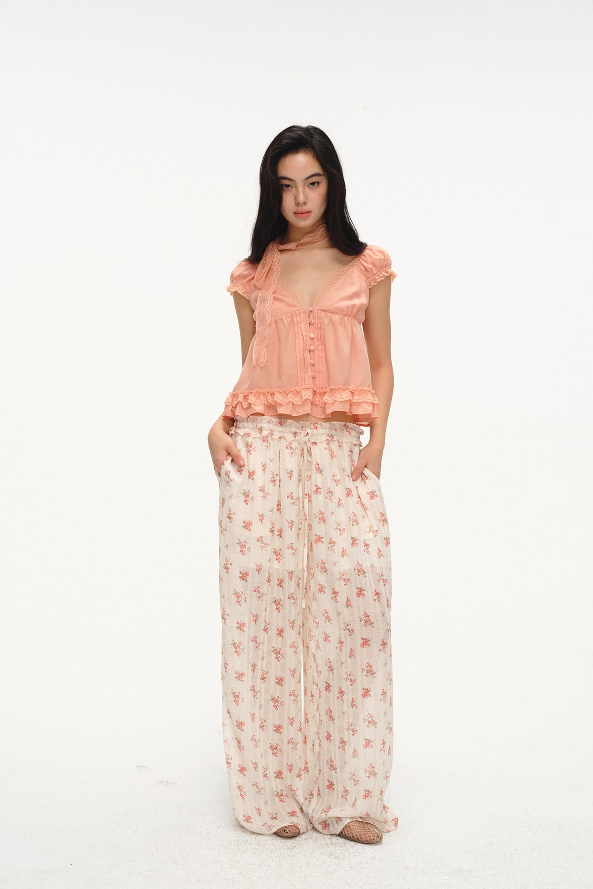 LVETONG Floral Ruffle-Trim Drawstring Wide-Leg Pants