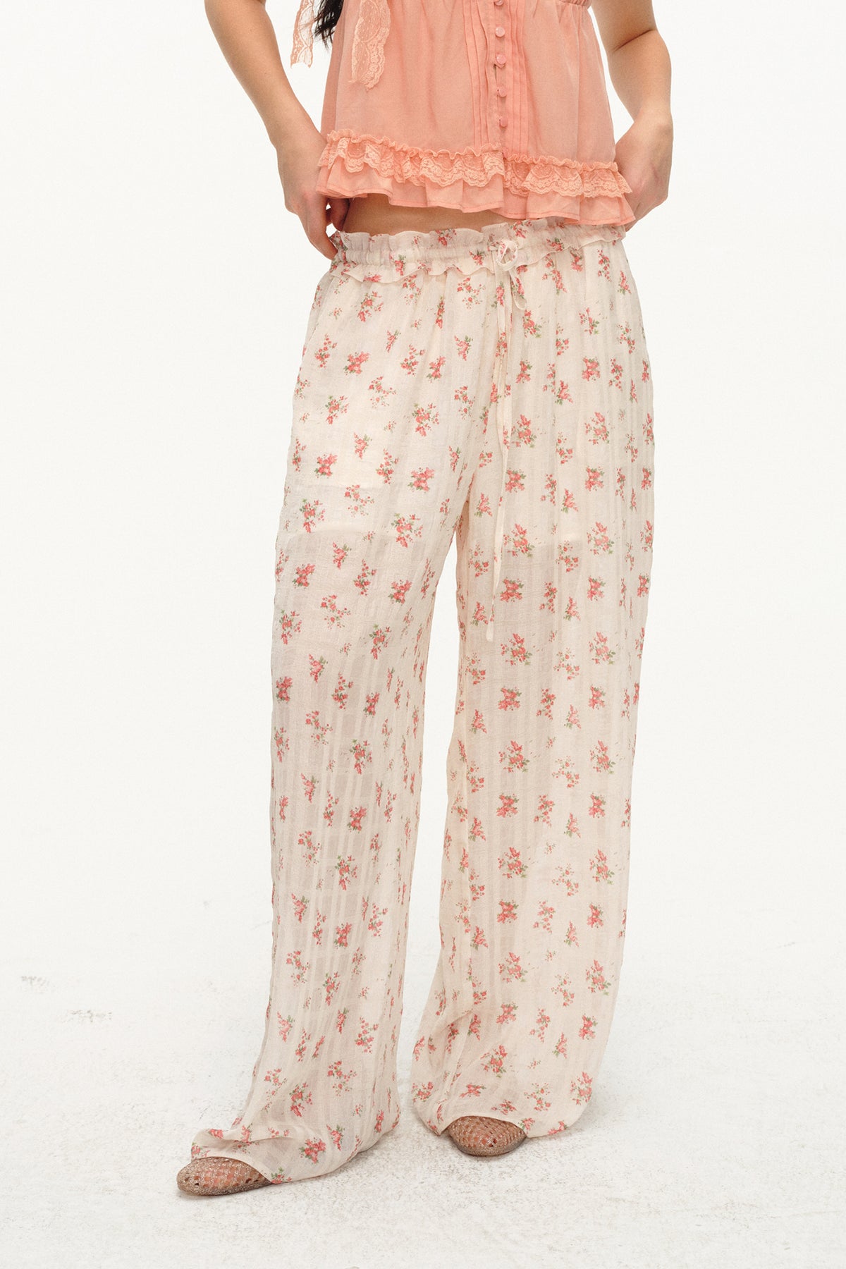 LVETONG Floral Ruffle-Trim Drawstring Wide-Leg Pants