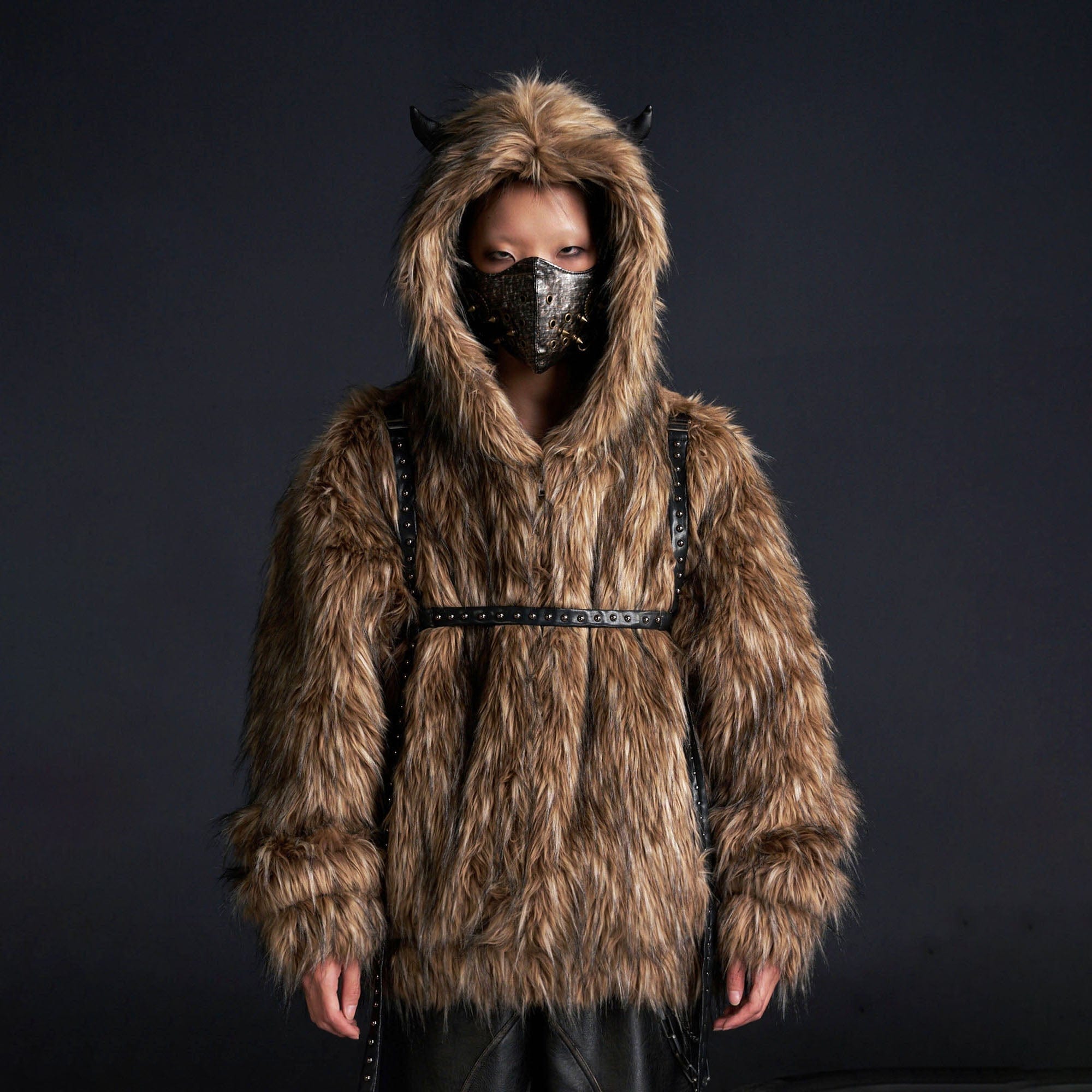 RECOVER ZONE Devil Horns Hood Detachable Strap Faux Fur Jacket, premium urban and streetwear designers apparel on PROJECTISR.com, RECOVER ZONE