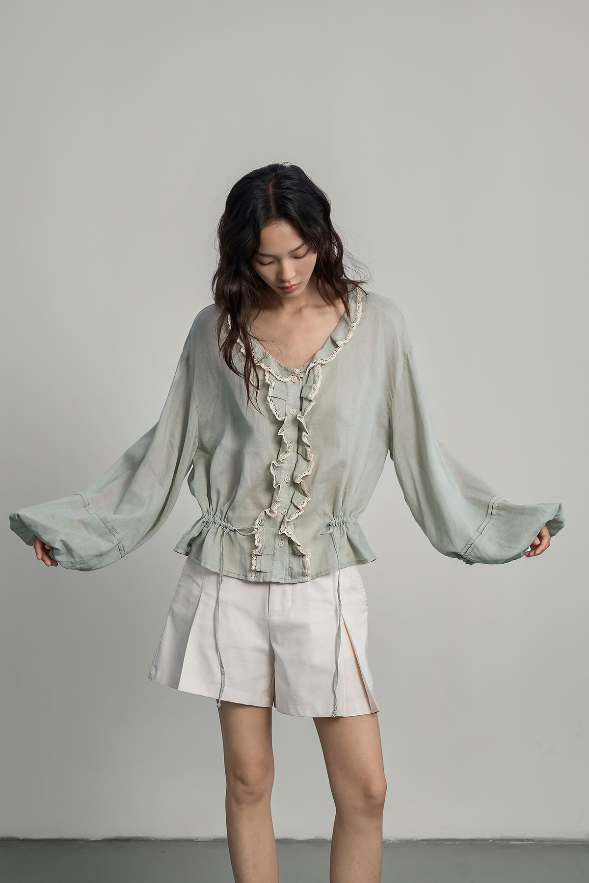 SAME FLOW Lace Trim Ruffle Drawstring Blouse