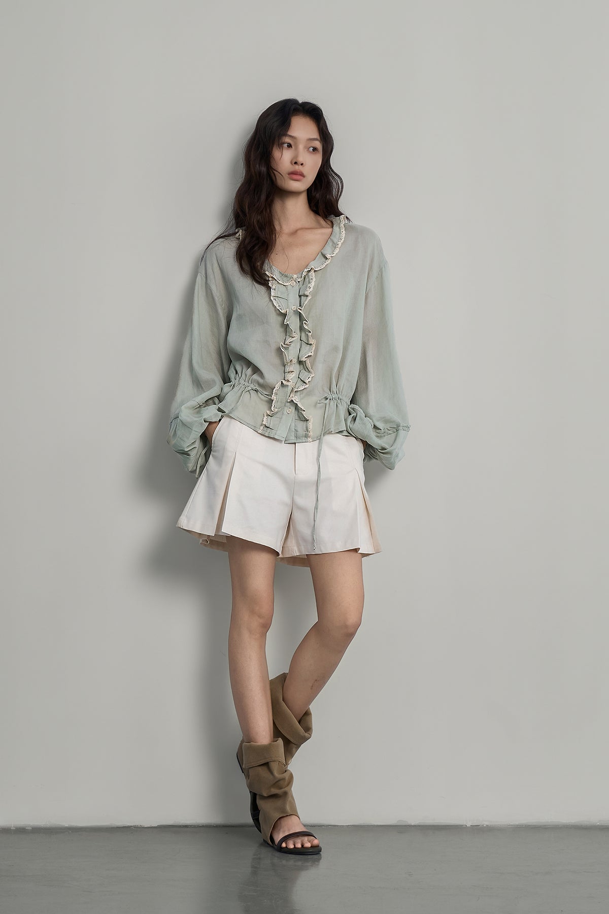 SAME FLOW Lace Trim Ruffle Drawstring Blouse