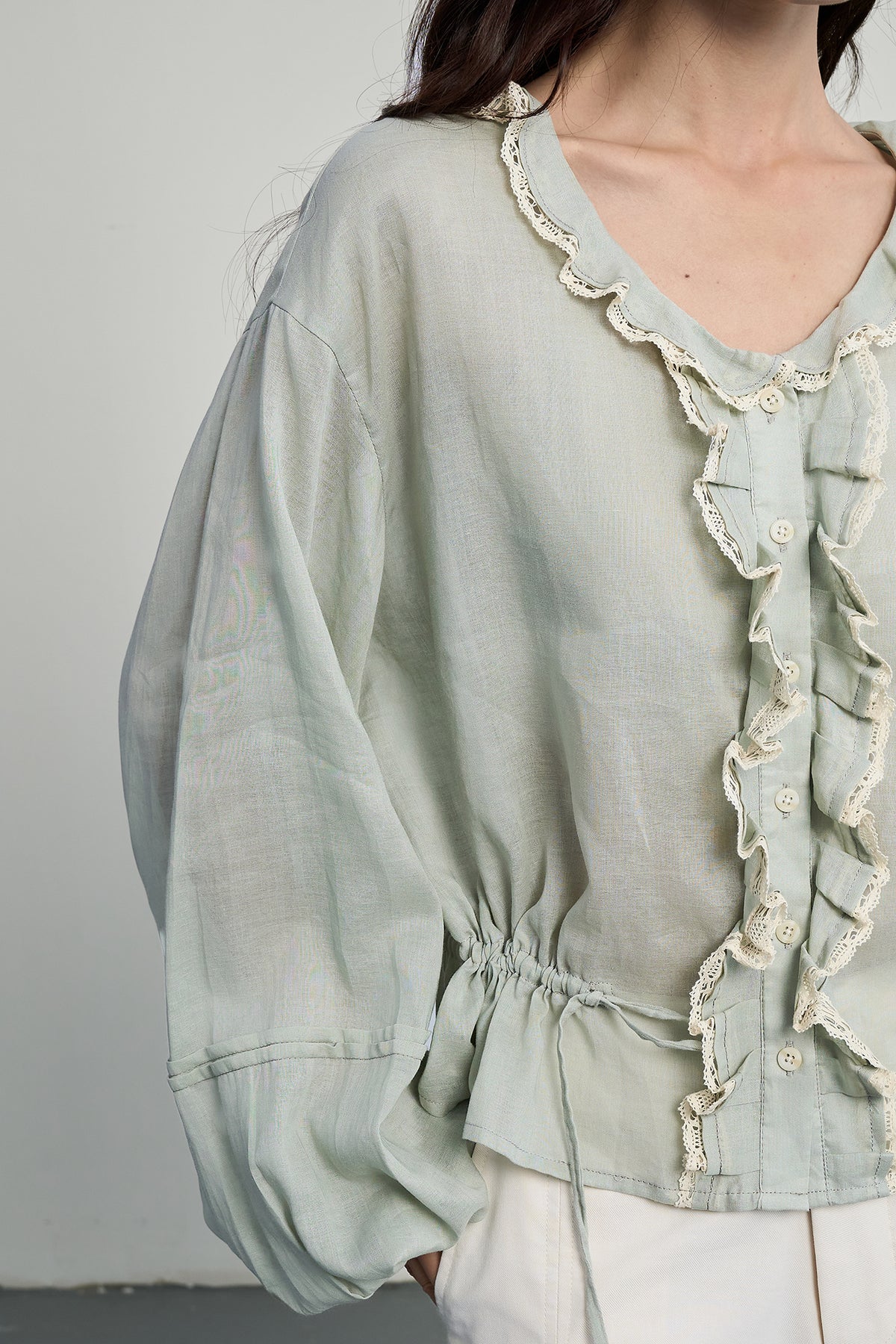 SAME FLOW Lace Trim Ruffle Drawstring Blouse