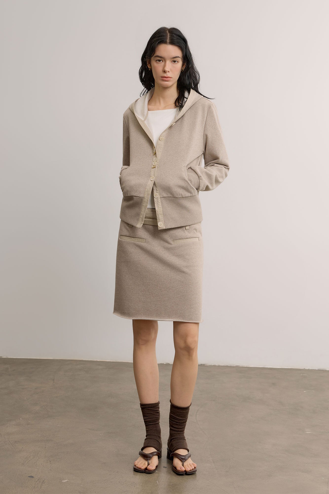 SAME FLOW Ruched Waistband Raw-Edge Pencil Skirt