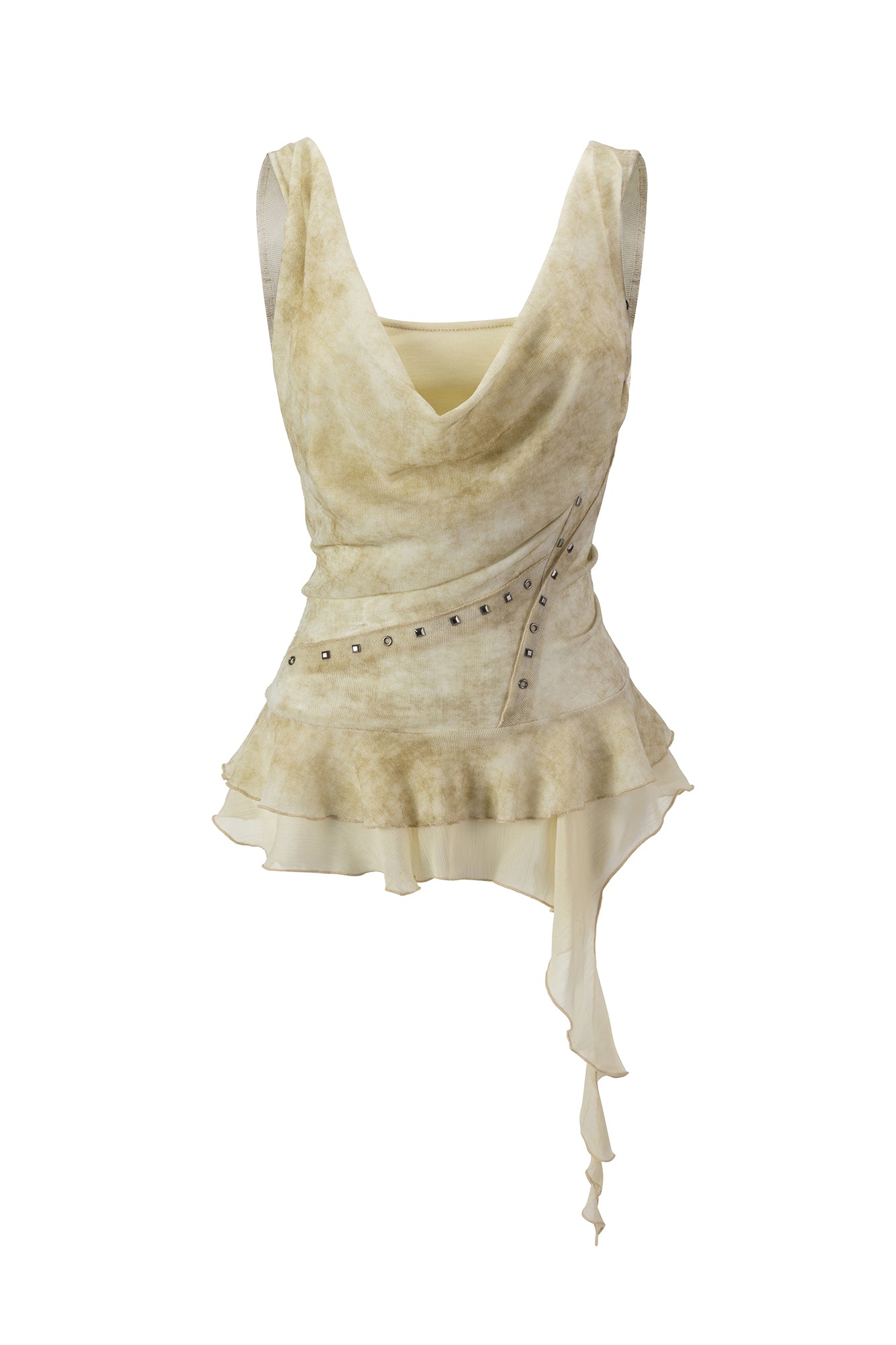 CESTNOUS Studded Lace-Up Back Ruffle-Hem Tank Top