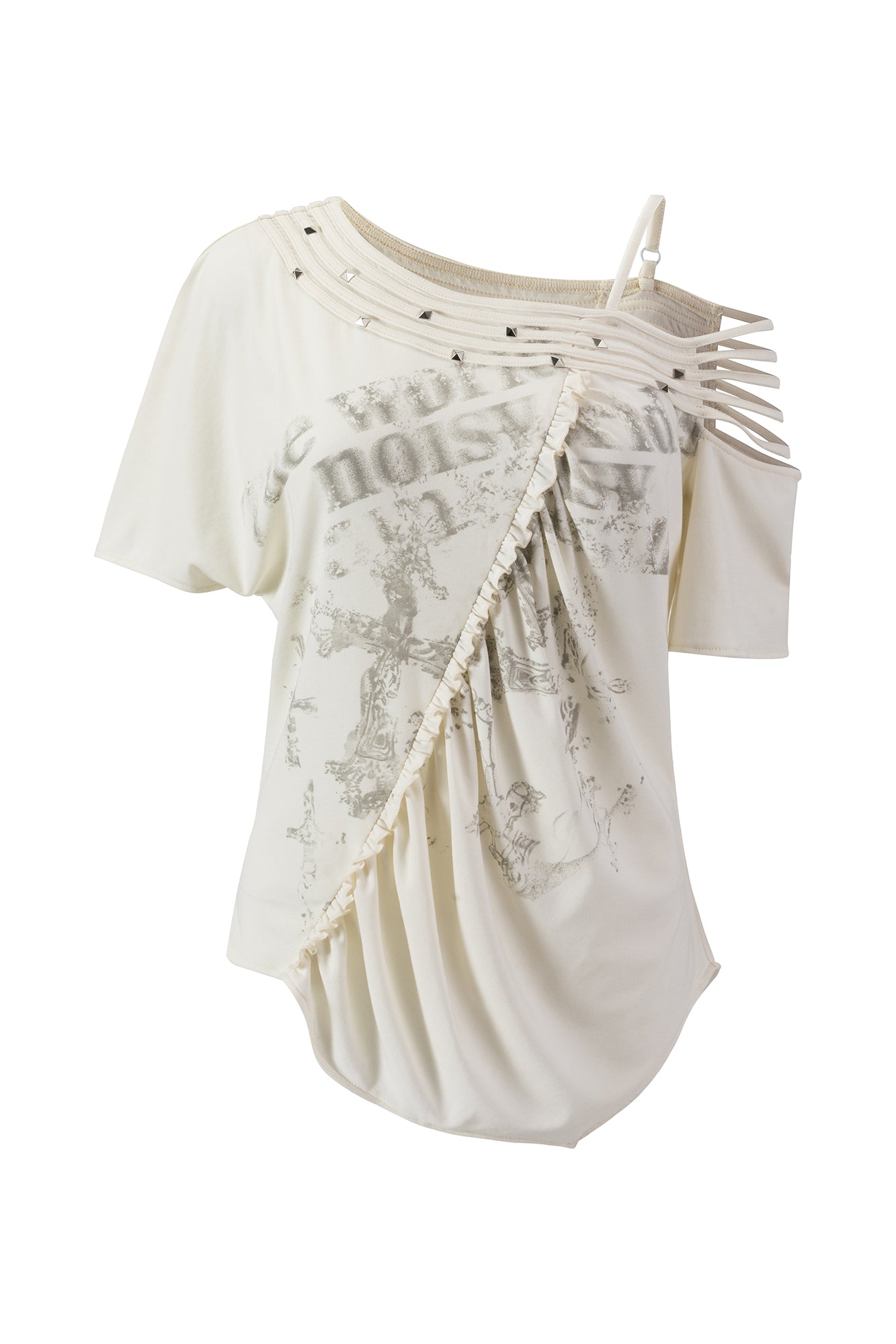 CESTNOUS Asymmetrical Studded Multi-Strap Graphic T-Shirt