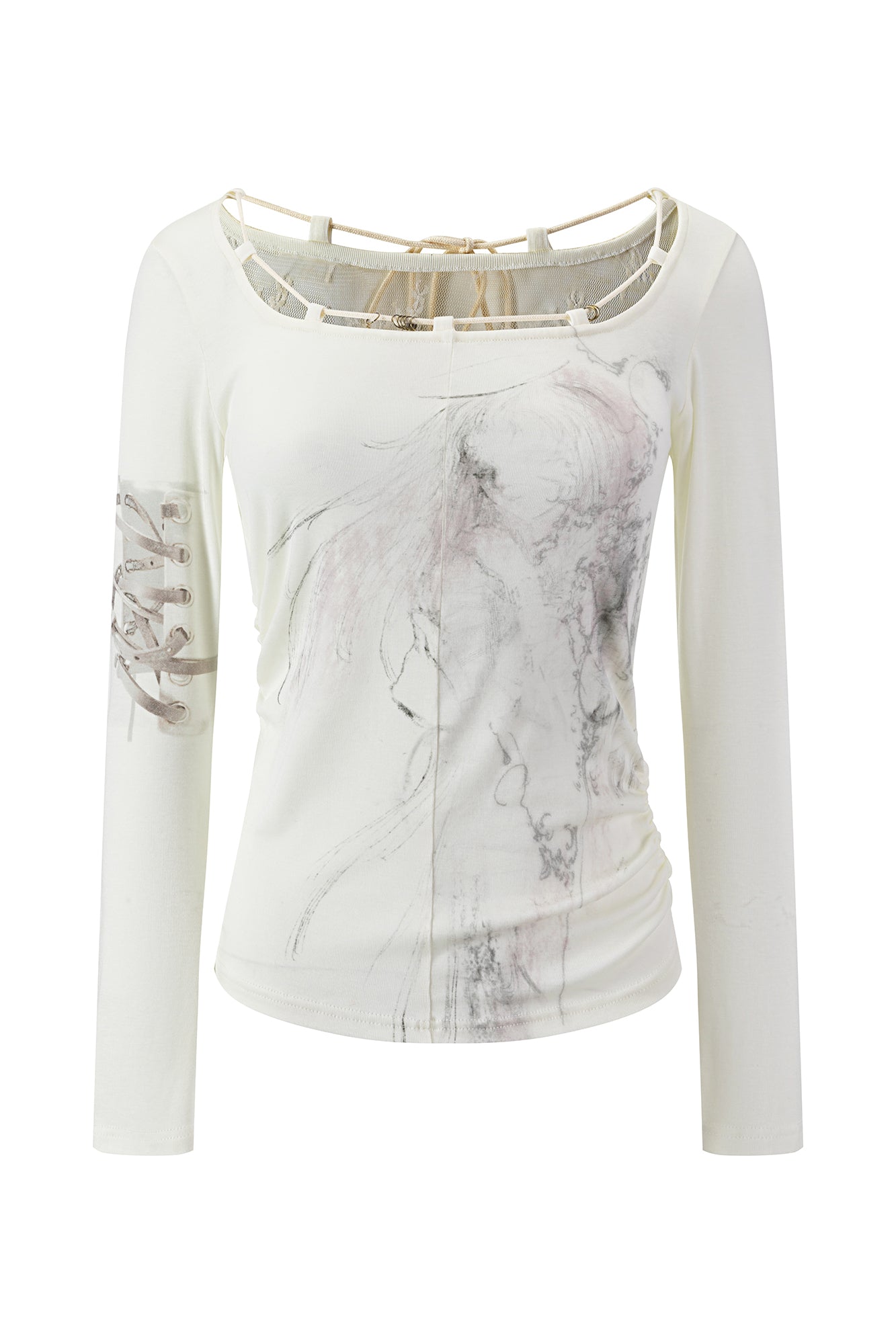 CESTNOUS Graphic Lace-Trim Tencel Long-Sleeve Tee