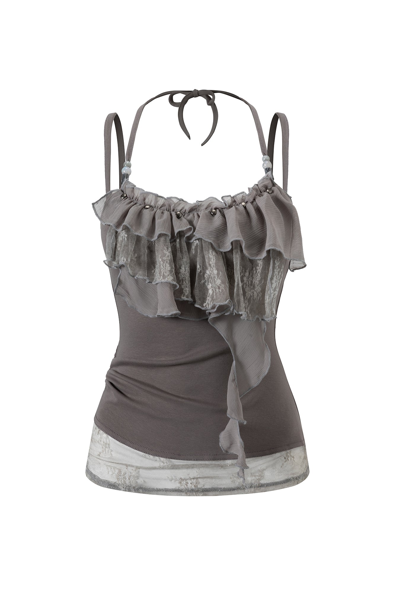 CESTNOUS Ruffled Lace Layered Beaded Camisole Top