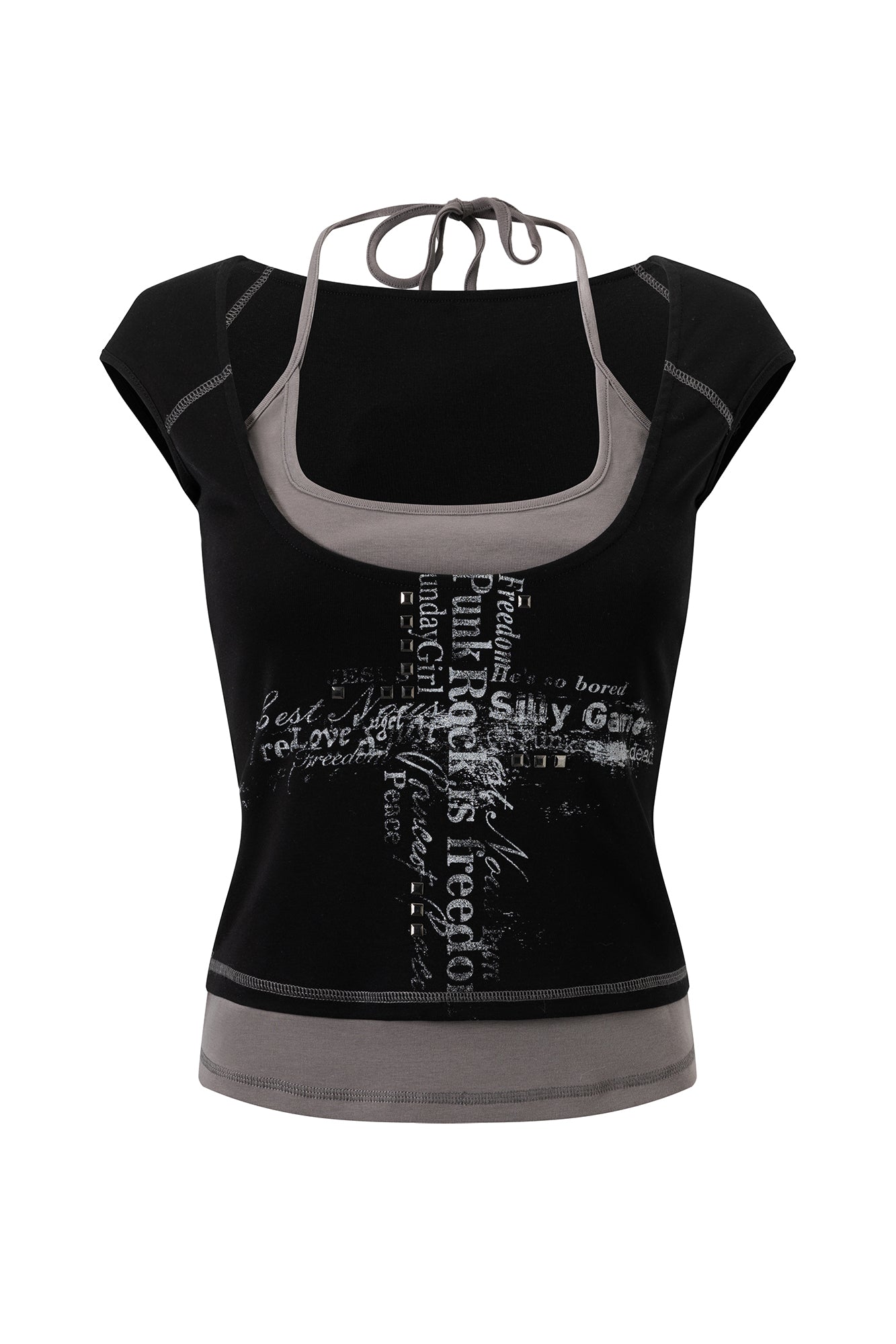 CESTNOUS Cross Graphic Rivet Faux Layered Tee