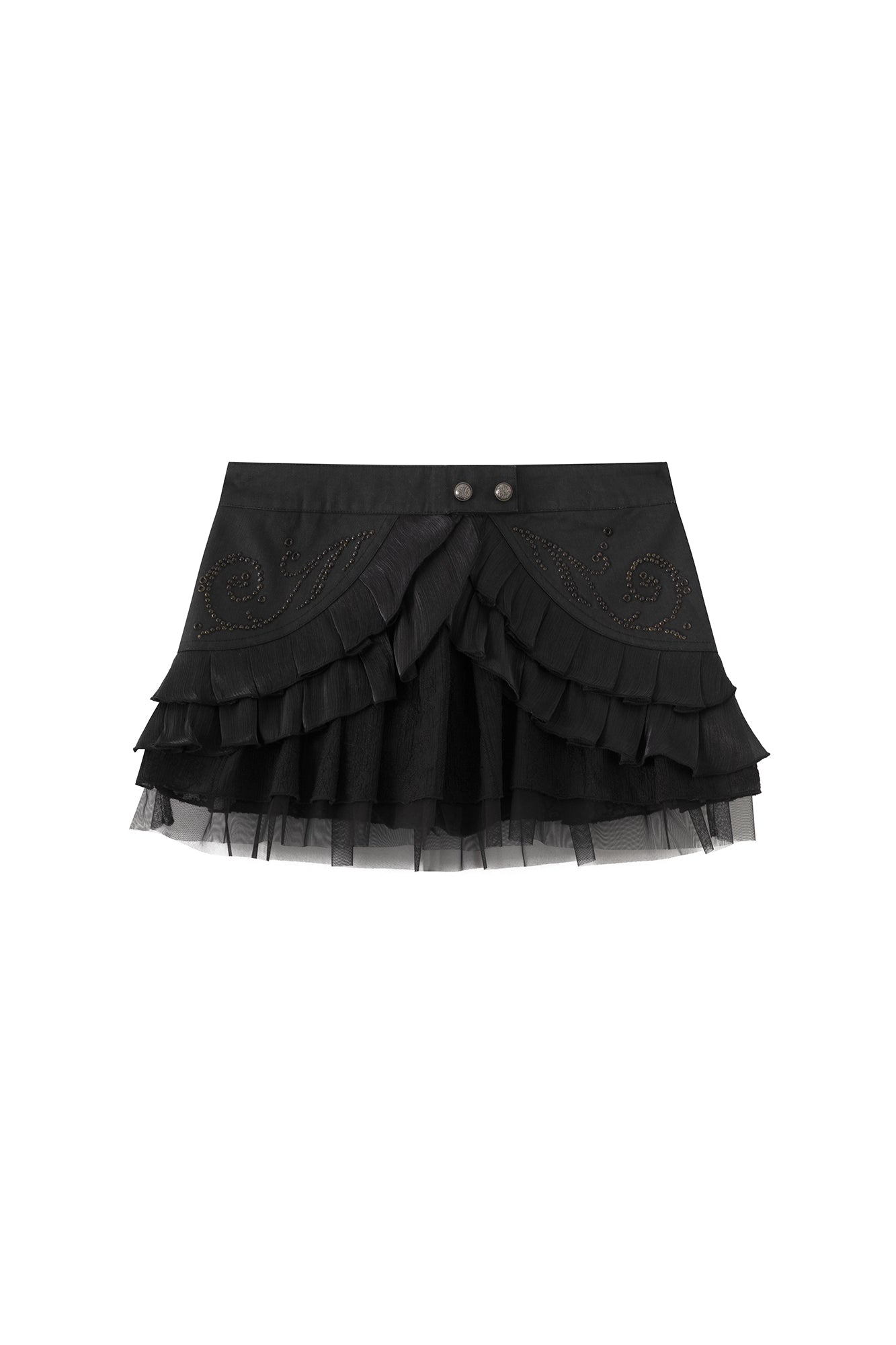 CESTNOUS Scroll-Embellished Layered Ruffle Mini Skirt