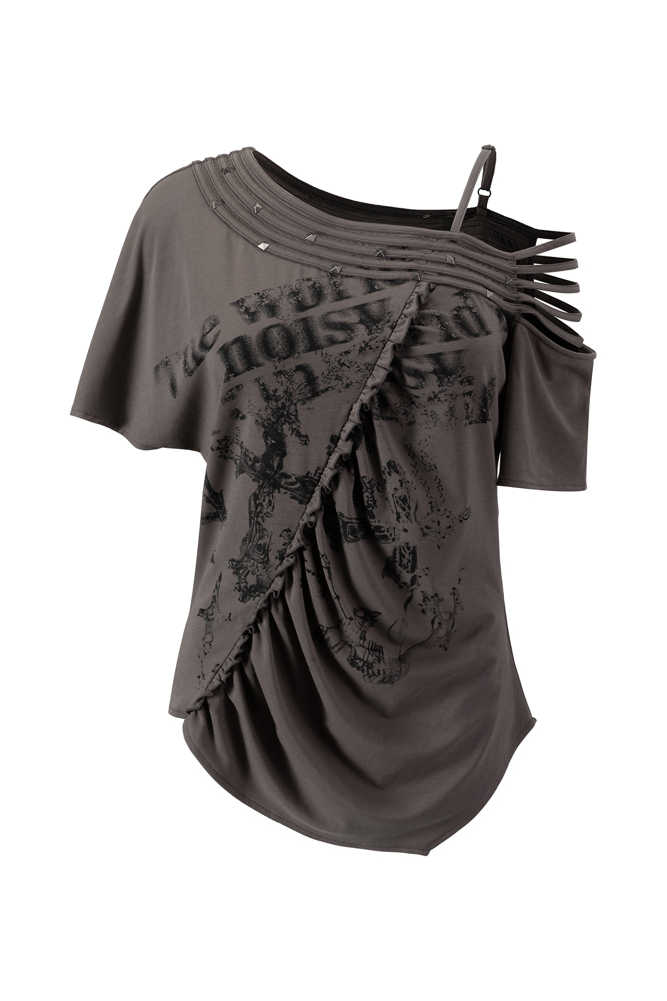 CESTNOUS Asymmetrical Studded Multi-Strap Graphic T-Shirt