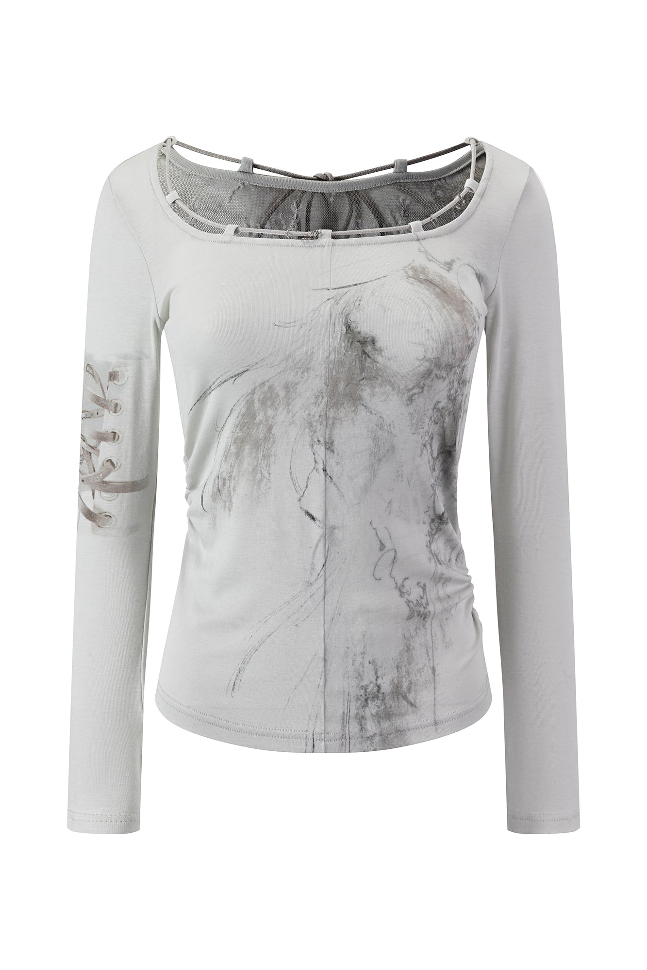 CESTNOUS Graphic Lace-Trim Tencel Long-Sleeve Tee