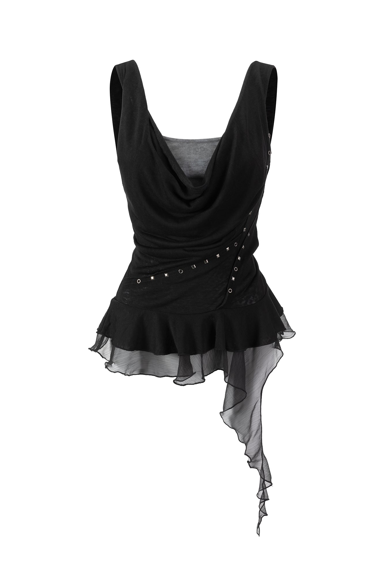CESTNOUS Studded Lace-Up Back Ruffle-Hem Tank Top