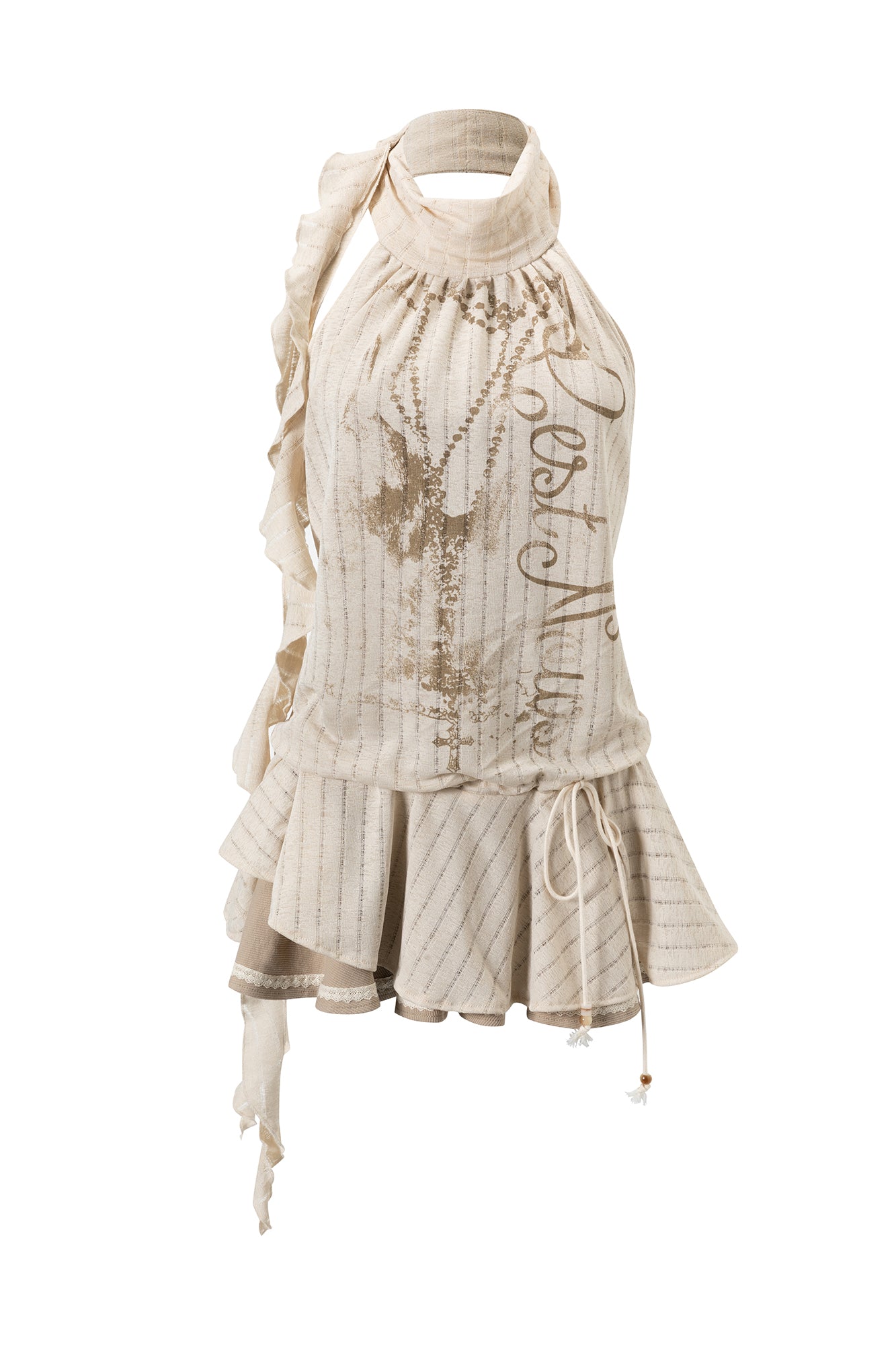 CESTNOUS Ruffled Lace Faux Layered Halter Mini Dress