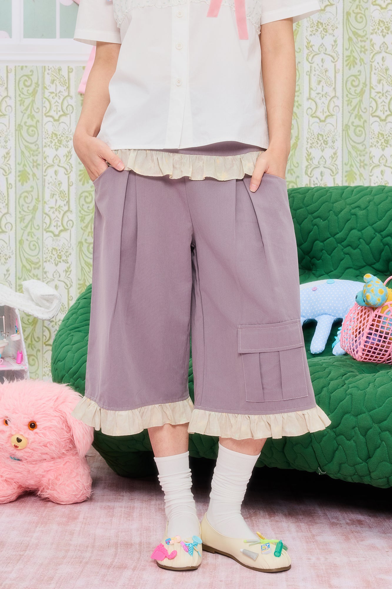 UNSOCIAL NIGHT Ruffle Trim Cargo Culottes