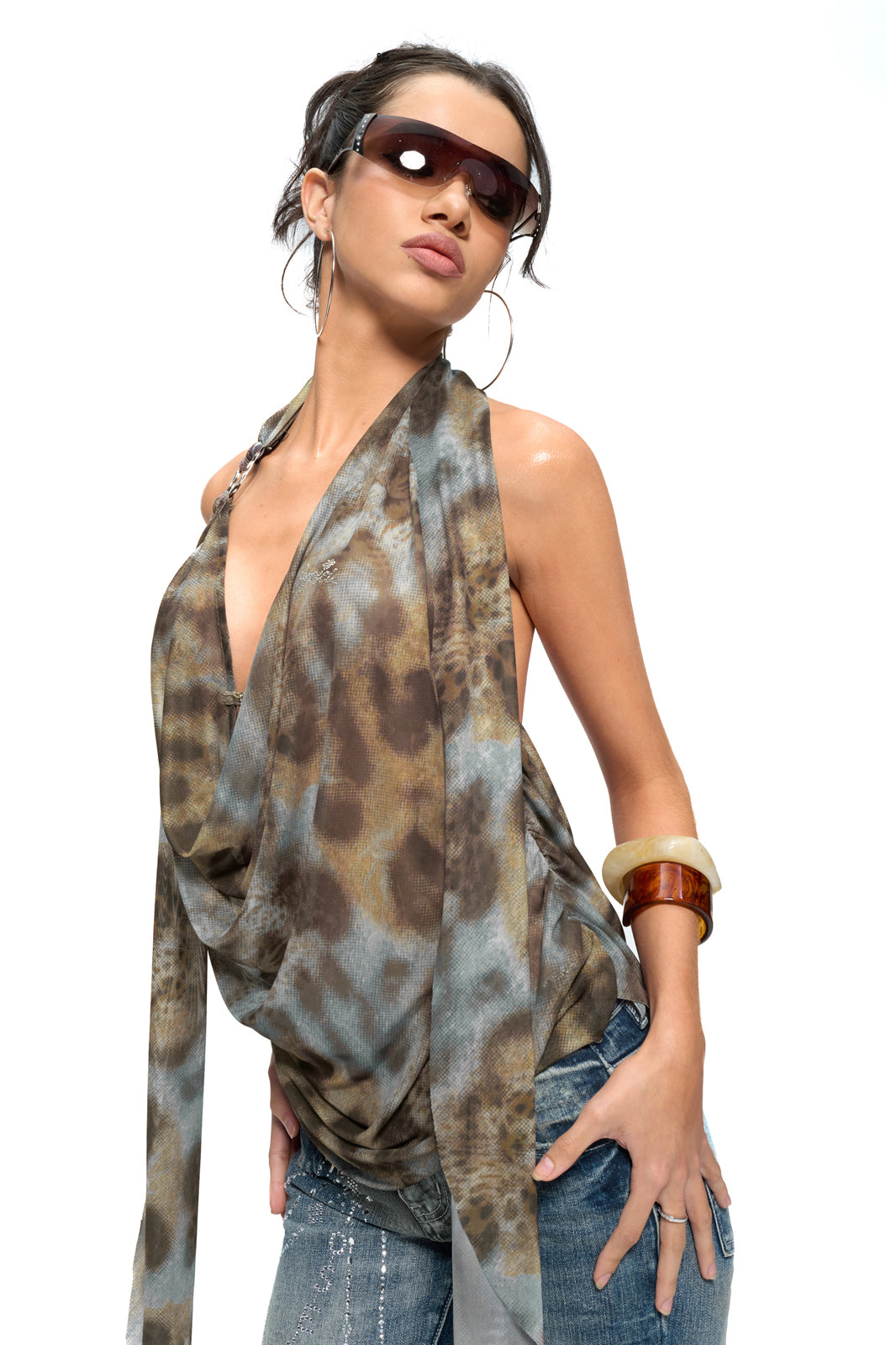 JYOSEI Leopard Ring-Halter Draped Top