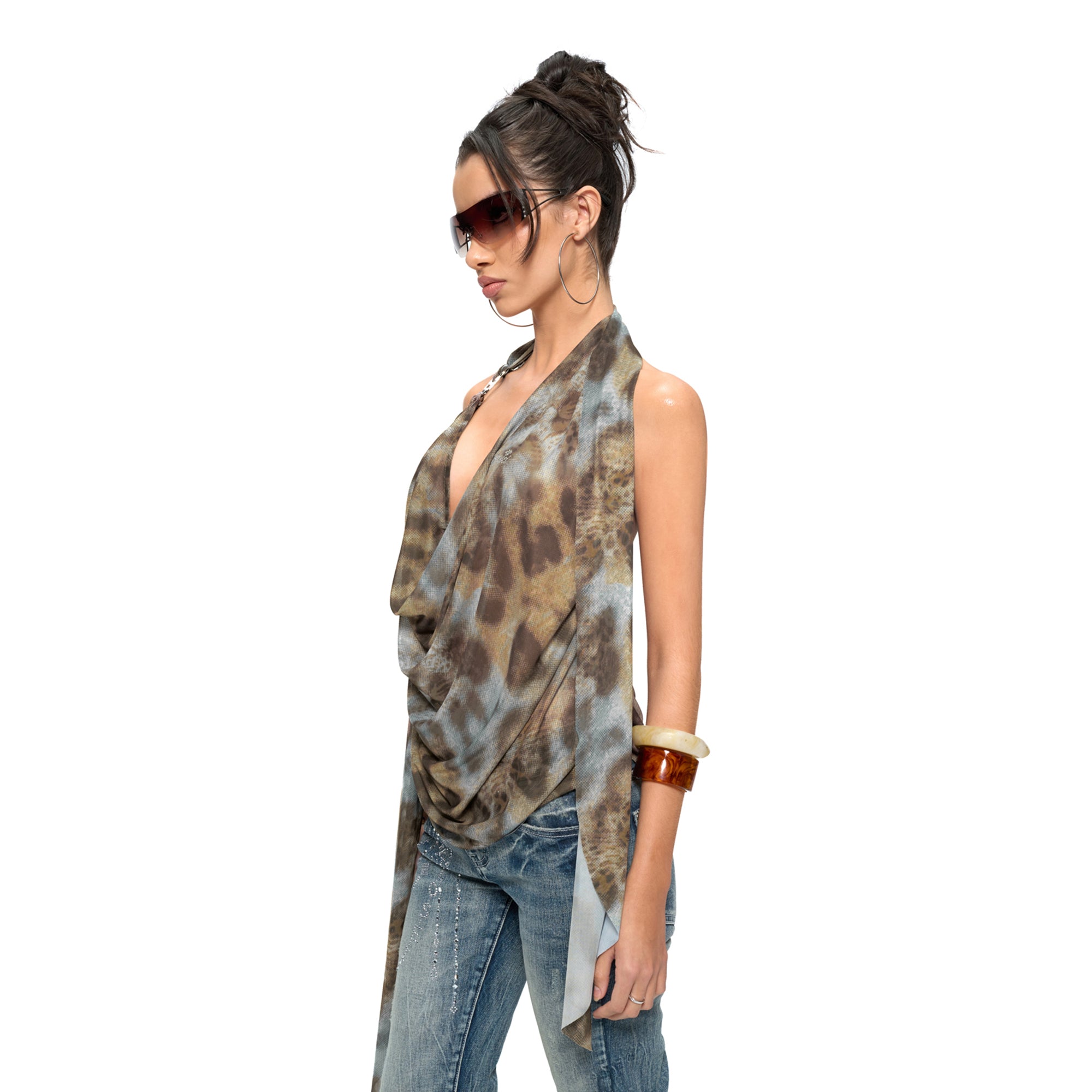 JYOSEI Leopard Ring-Halter Draped Top