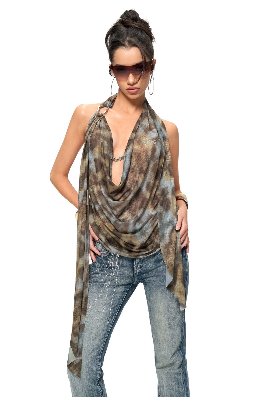 JYOSEI Leopard Ring-Halter Draped Top