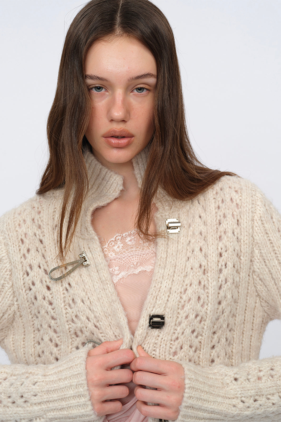 DOTYEARS Open-Knit Mock-Neck Cardigan