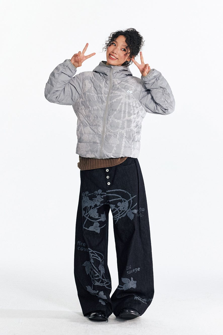 1997 POSTOFFICE Spiderweb Graphic Hooded Down Jacket