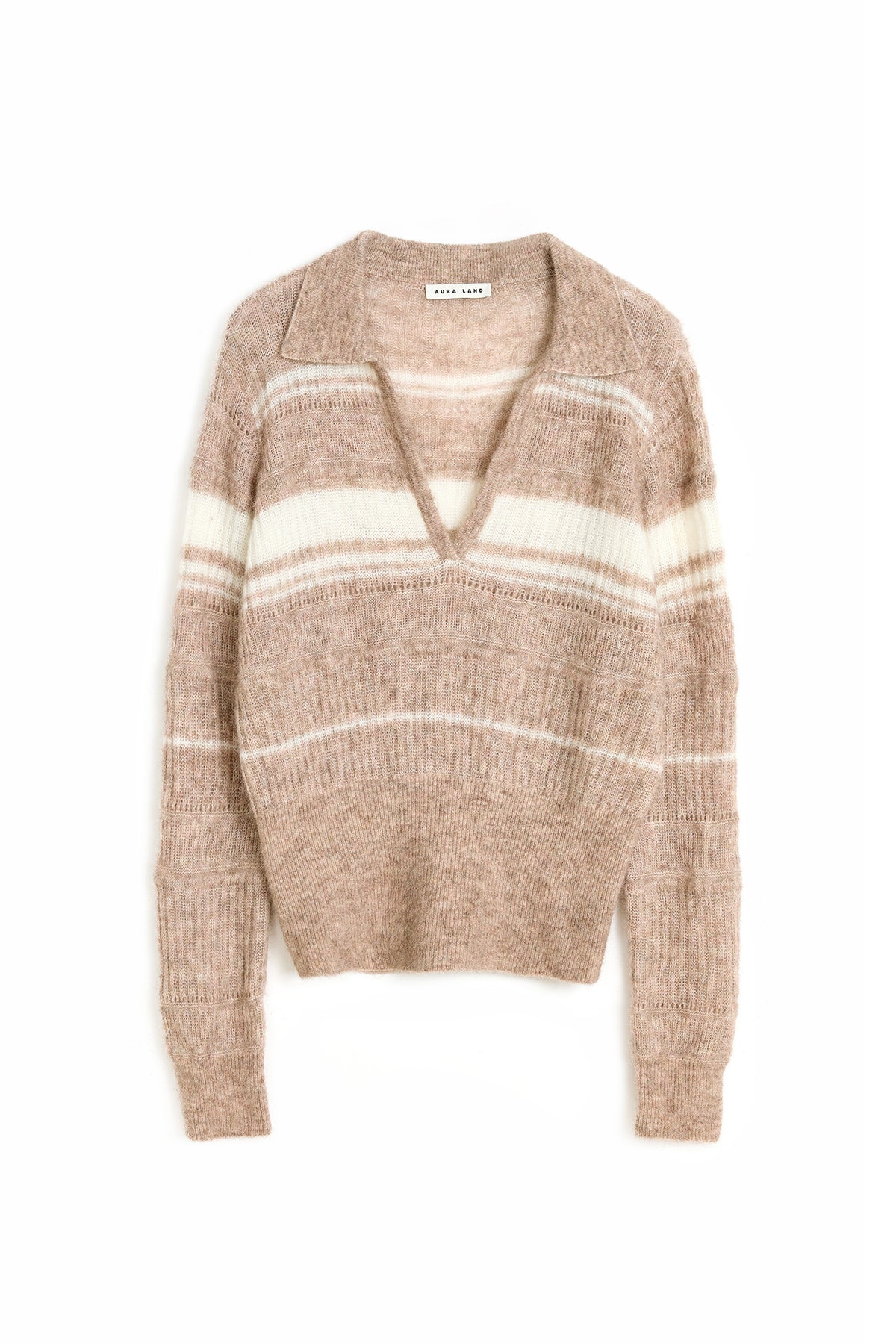 AURA LAND Retro Striped Polo-Neck Wool-Blend Fitted Sweater