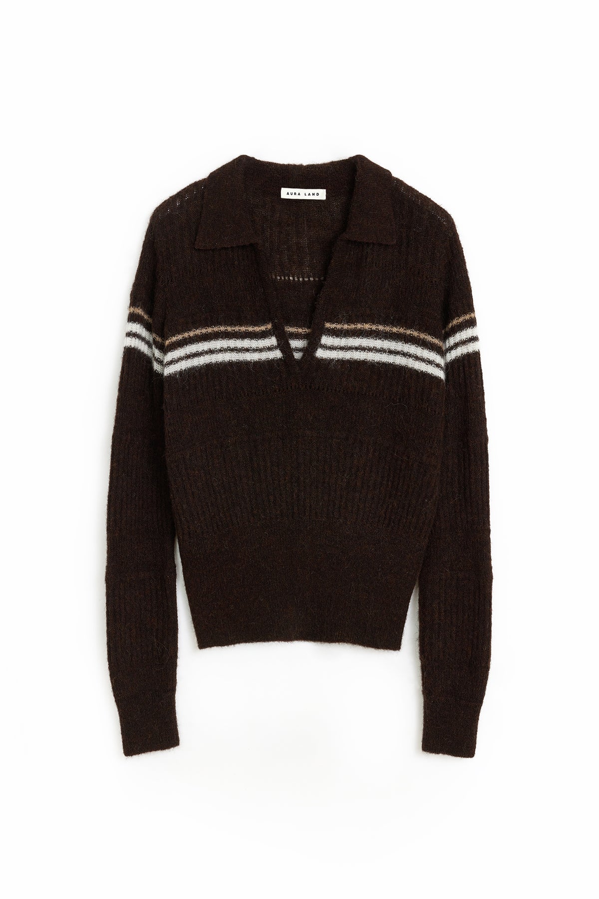 AURA LAND Retro Striped Polo-Neck Wool-Blend Fitted Sweater