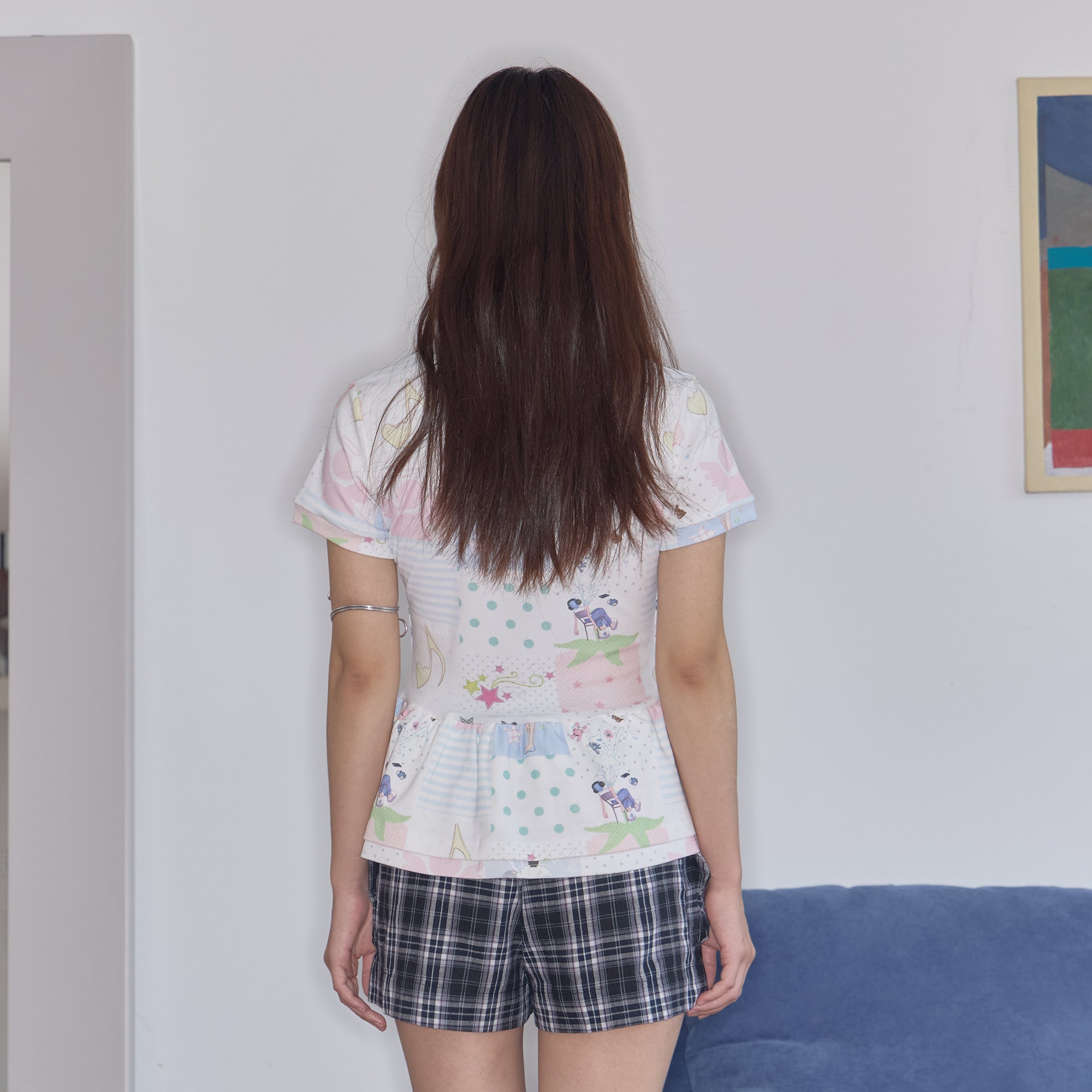 HAVE A MEAL × Congming Retro Patchwork Graphic Peplum Polo Tee