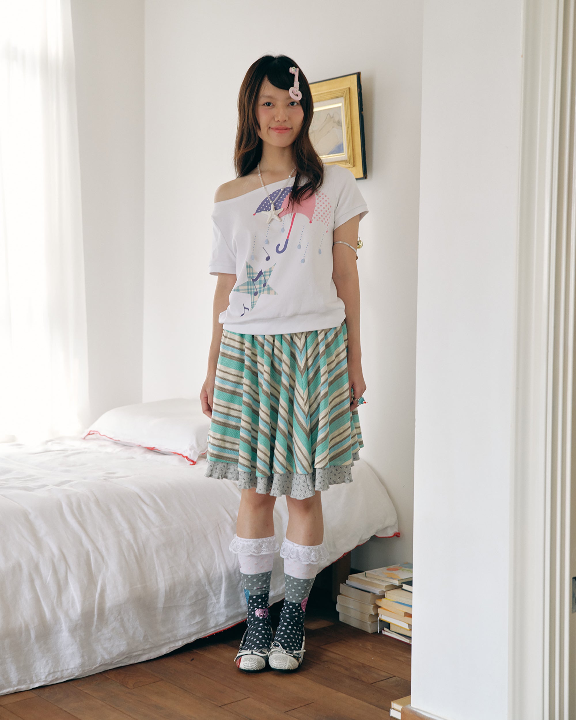 HAVE A MEAL Double-Layer Striped Knit Flared Skirt