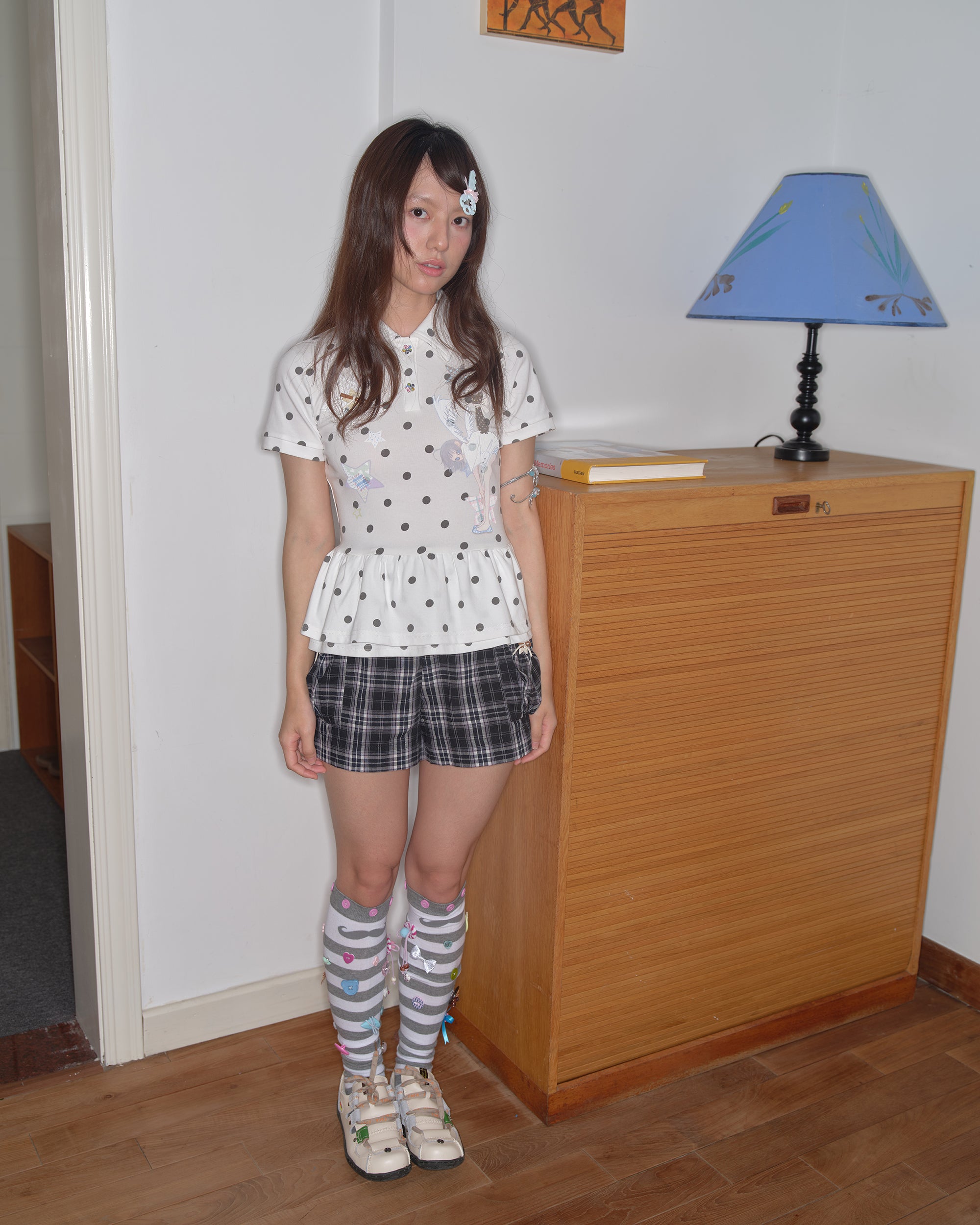 HAVE A MEAL × Congming Polka Dot Ruffle-Hem Polo Tee