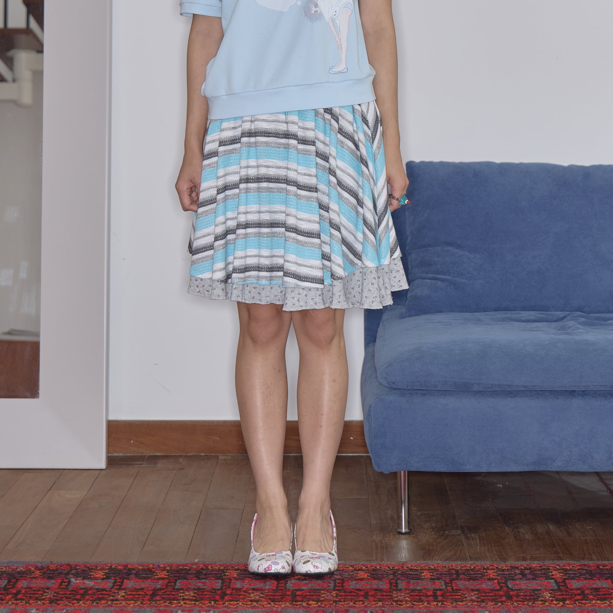 HAVE A MEAL Double-Layer Striped Knit Flared Skirt