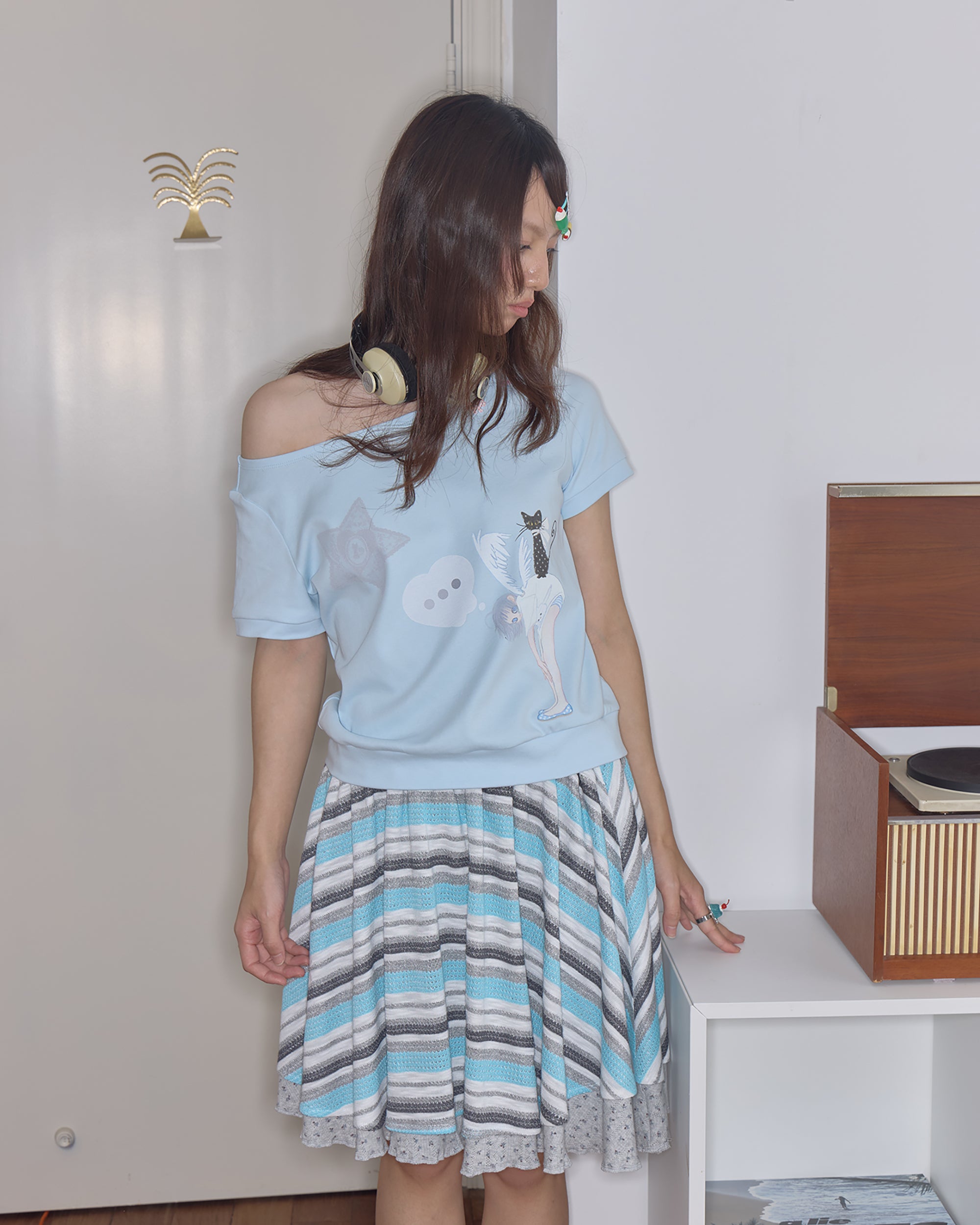 HAVE A MEAL Double-Layer Striped Knit Flared Skirt